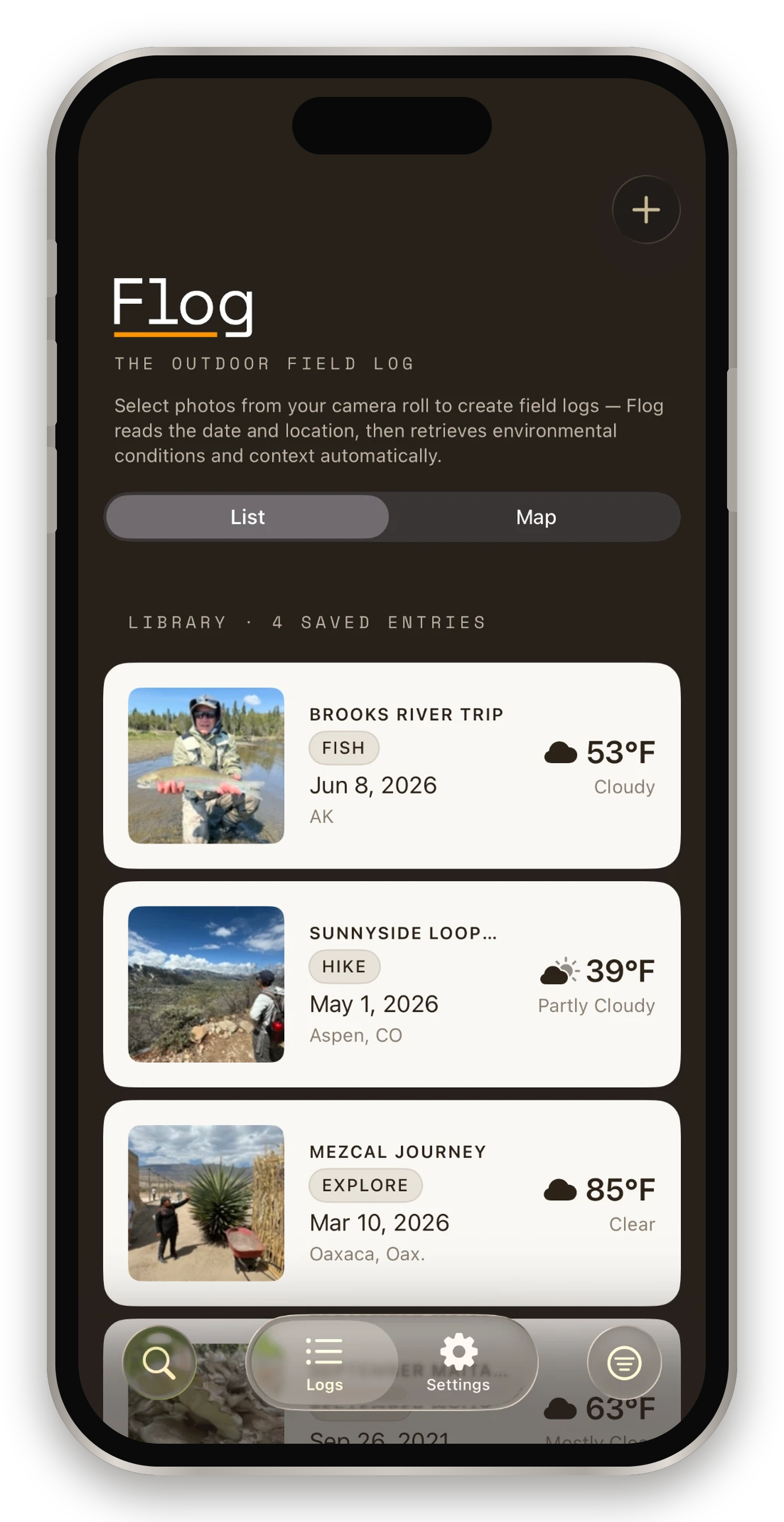 FLOG library screen on an iPhone