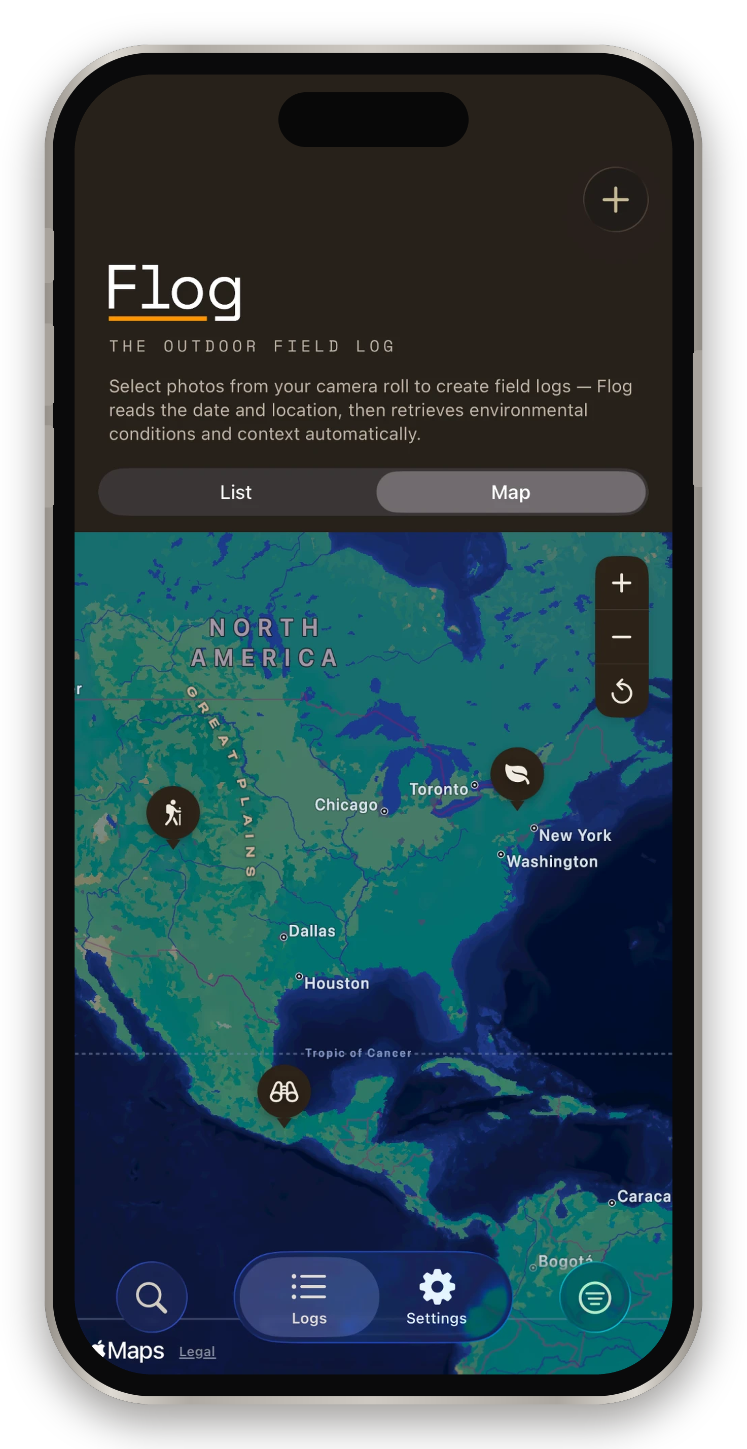 FLOG map screen on an iPhone